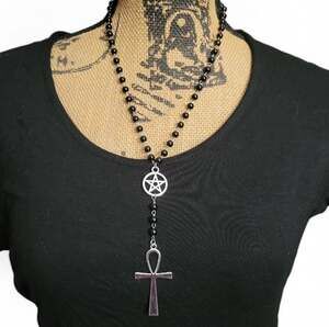 Black & silver pentagram ankh rosary style beaded lariat necklace